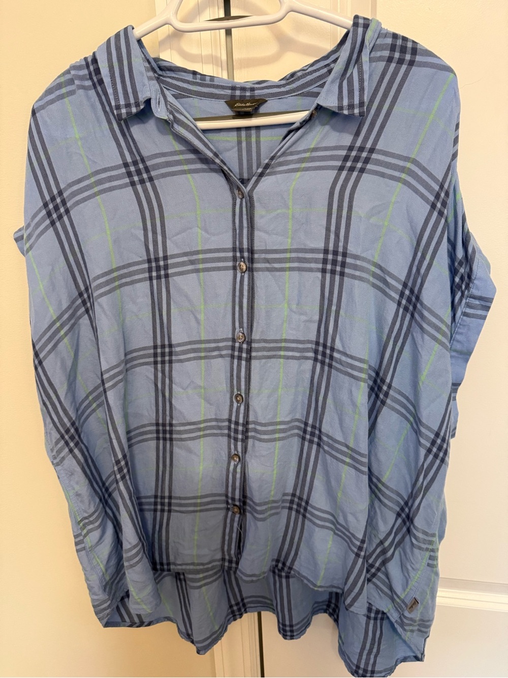 Eddie Bauer Light Blue Plaid Button Shirt with Navy & Green Stripes